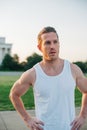 Fit and handsome caucasian man hands on hips portrait on the National Mall