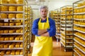 Handsome cheesemaker is checking cheeses in his workshop storage. Royalty Free Stock Photo