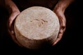 Handsome cheesemaker is checking cheeses in his workshop storage. Royalty Free Stock Photo