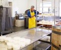 Handsome cheesemaker making curd cheese in his factory.