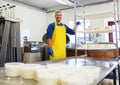 Handsome cheesemaker making curd cheese in his factory.