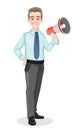 Handsome confident business man holds loudspeaker.