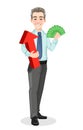 Handsome confident business man holds money and red arrow