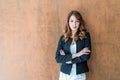 Handsome confident business woman portrait. Portrait of a handsome CEO. Handsome executive business woman at the workspace office