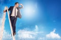 Handsome confident businessman leader climb up to reach top of ladder high in the sky. Ladder of success, vision to lead business Royalty Free Stock Photo