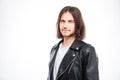 Handsome confident young man in black leather jacket Royalty Free Stock Photo