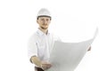 Handsome construction engineer in hard hat holding blueprint and looks at camera Royalty Free Stock Photo