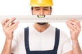 handsome construction worker in hard hat holding level tool Royalty Free Stock Photo
