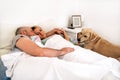 Handsome couple in bed sleeps together in association with dog. Royalty Free Stock Photo