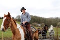 Handsome Cowboy on horse with horses in the background