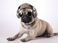 A handsome and cute brown skin PUG listening to music wearing Headphones and sunglasses - Studio Dog Portrait