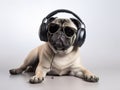 A handsome and cute brown skin PUG listening to music wearing Headphones and sunglasses - Studio Dog Portrait