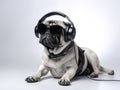 A handsome and cute Gray skin PUG listening to music wearing Headphones and sunglasses - Studio Dog Portrait