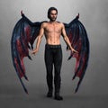 Handsome dark demon or angel with dark leather wings and hands outstretched in magical pose