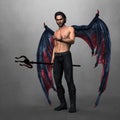 Handsome dark demon or angel with dark leather wings holding a pitchfork