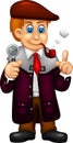 Handsome detective cartoon standinng bring magnifying glass with smile and smoking