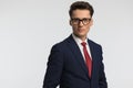 Handsome elegant man in navy blue suit with red tie wearing glasses Royalty Free Stock Photo