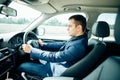 Handsome elegant serious man drives a car Royalty Free Stock Photo