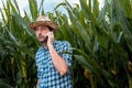 Handsome farmer talking on mobile phone in corn field