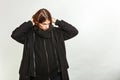 Handsome fashion man portrait wearing black coat. Royalty Free Stock Photo