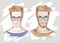 Handsome fashion men in color glasses. Hipsters. Vector doodle illustration isolated on white. Royalty Free Stock Photo