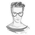 Handsome fashion men`s portrait with glasses. Gray colored illustration. Vector doodle art isolated on white.