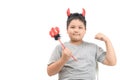 Handsome Fat boy with red horns and pitchfork isolated Royalty Free Stock Photo