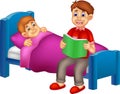 Handsome father cartoon read her son a bedtime fairy tale