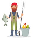 Handsome fisher, cheerful cartoon character