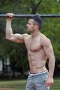 Handsome fit young man doing exercises on the horizontal bar and Royalty Free Stock Photo