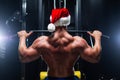 Handsome fitness man in Christmas hat is performing back workouts using thrust of the upper block machine in a gym, back Royalty Free Stock Photo