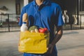 Food delivery service man in blue uniform holding fresh food set bag waiting for customer Royalty Free Stock Photo