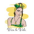 Handsome girl portrait in a summer look. Bright headband. Viva la vida slogan. Hand drawn sketch.