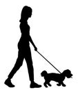 Handsome girl walking with dog silhouette. Royalty Free Stock Photo