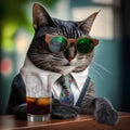 Handsome macho gray-bearded cat dressed in a shirt and tie sits at the bar and sips whiskey