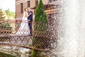 Handsome groom and attractive bride hugging while standing on br Royalty Free Stock Photo