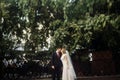 Handsome groom kissing beautiful blonde bride, newlywed couple h Royalty Free Stock Photo