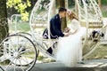 Handsome groom kissing blonde beautiful bride in magical fairy t