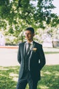 Handsome groom at wedding tuxedo smiling and waiting for bride Royalty Free Stock Photo