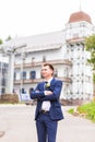 Handsome groom at wedding tuxedo smiling and waiting for bride. Happy smiling groom newlywed. Rich groom at wedding day Royalty Free Stock Photo