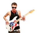 Handsome guitarist in sunglasses isolated on white Royalty Free Stock Photo