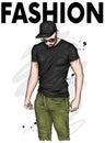 A handsome guy in cap and a T-shirt. A sporty man in summer clothes. Vector illustration for a postcard or a poster.
