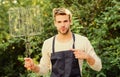 Handsome guy cooking food. Picnic concept. Healthy meal. Recipe grill. Different methods grilling beef chicken Royalty Free Stock Photo