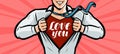 Handsome guy is explained in love, greeting card or banner. Vector illustration in style comic pop art Royalty Free Stock Photo