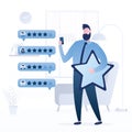 Handsome guy holds star and use mobile phone. Online survey, internet voting. Feedback concept banner