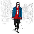 A handsome guy in a jacket, hoodie, jeans and moccasins. Vector illustration for a postcard or a poster, print for clothes.