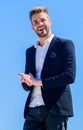Handsome guy posing in formal suit blue sky background. Office worker. Looking impeccable. Ready to work. Male fashion Royalty Free Stock Photo