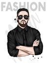 A handsome guy in a shirt, a cap and glasses. Vector illustration. Fashion, style, clothing and accessories. Stylish man.