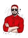 A handsome guy in a shirt, a cap and glasses. Vector illustration. Fashion, style, clothing and accessories. Stylish man.