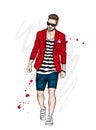 A handsome guy in shorts, blazer and a T-shirt. A sporty man in summer clothes. Vector illustration for a postcard or a poster.